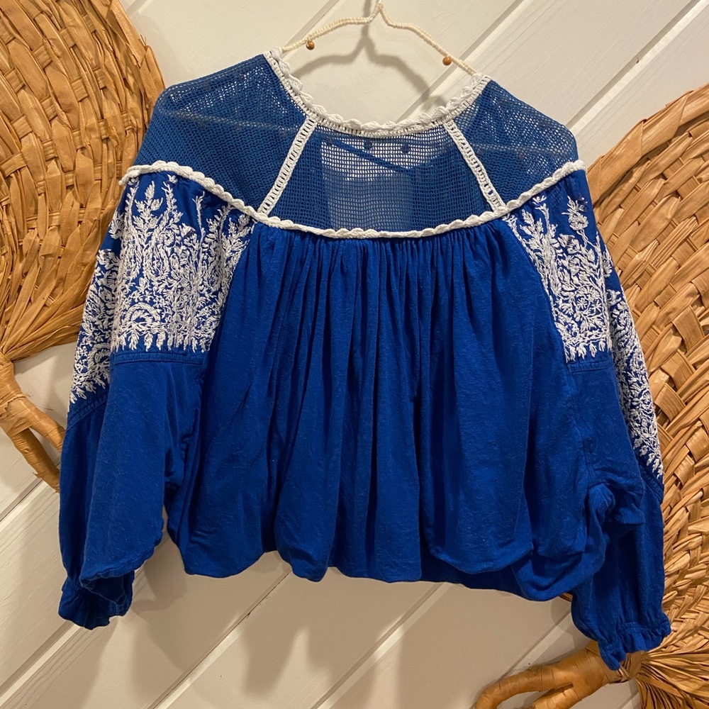 Free People Carly Top - Beautiful Blue with lovely embroidered detail